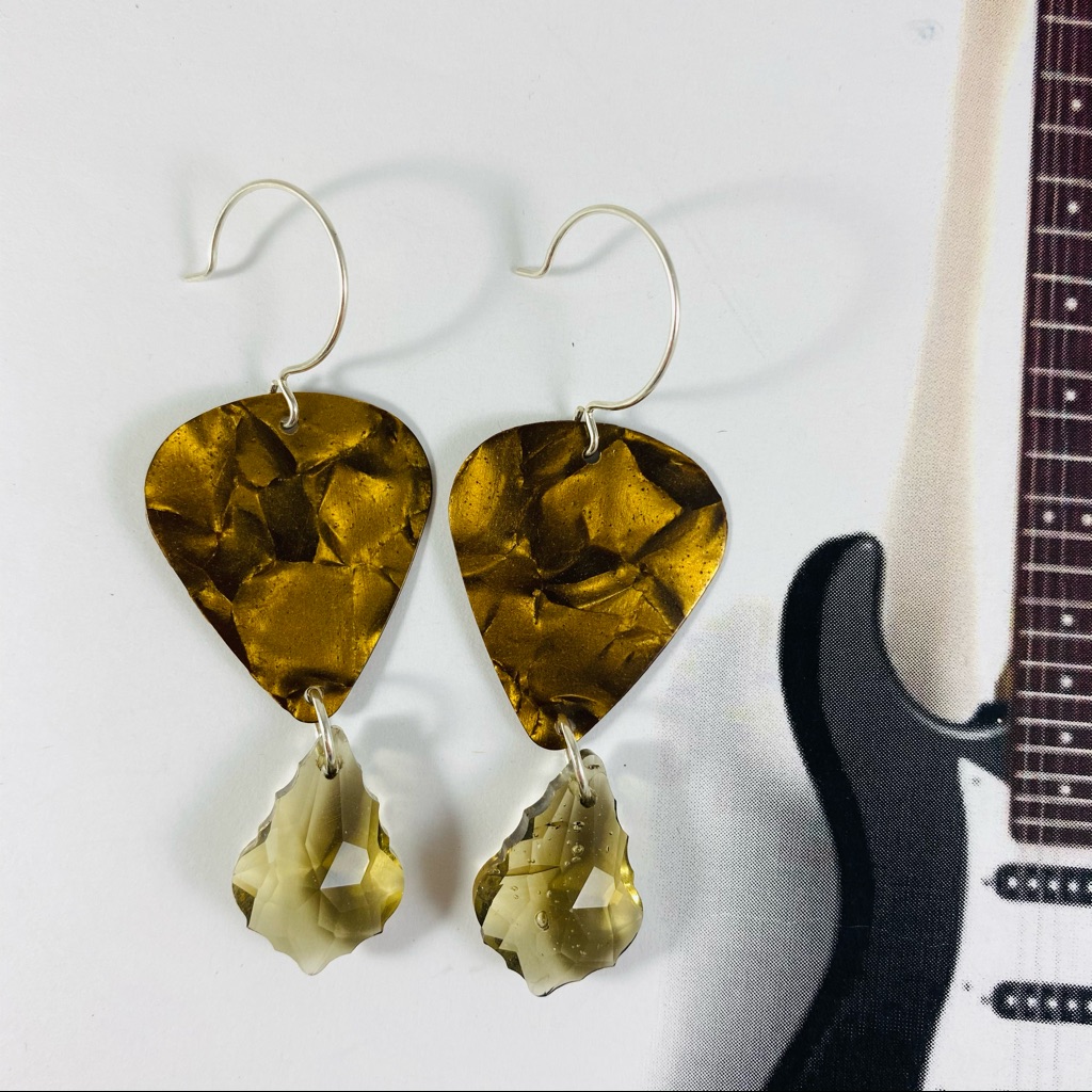 Bronze Pearl Guitar Pick Earrings With Swarovski Crystal Drops Sterling Silver